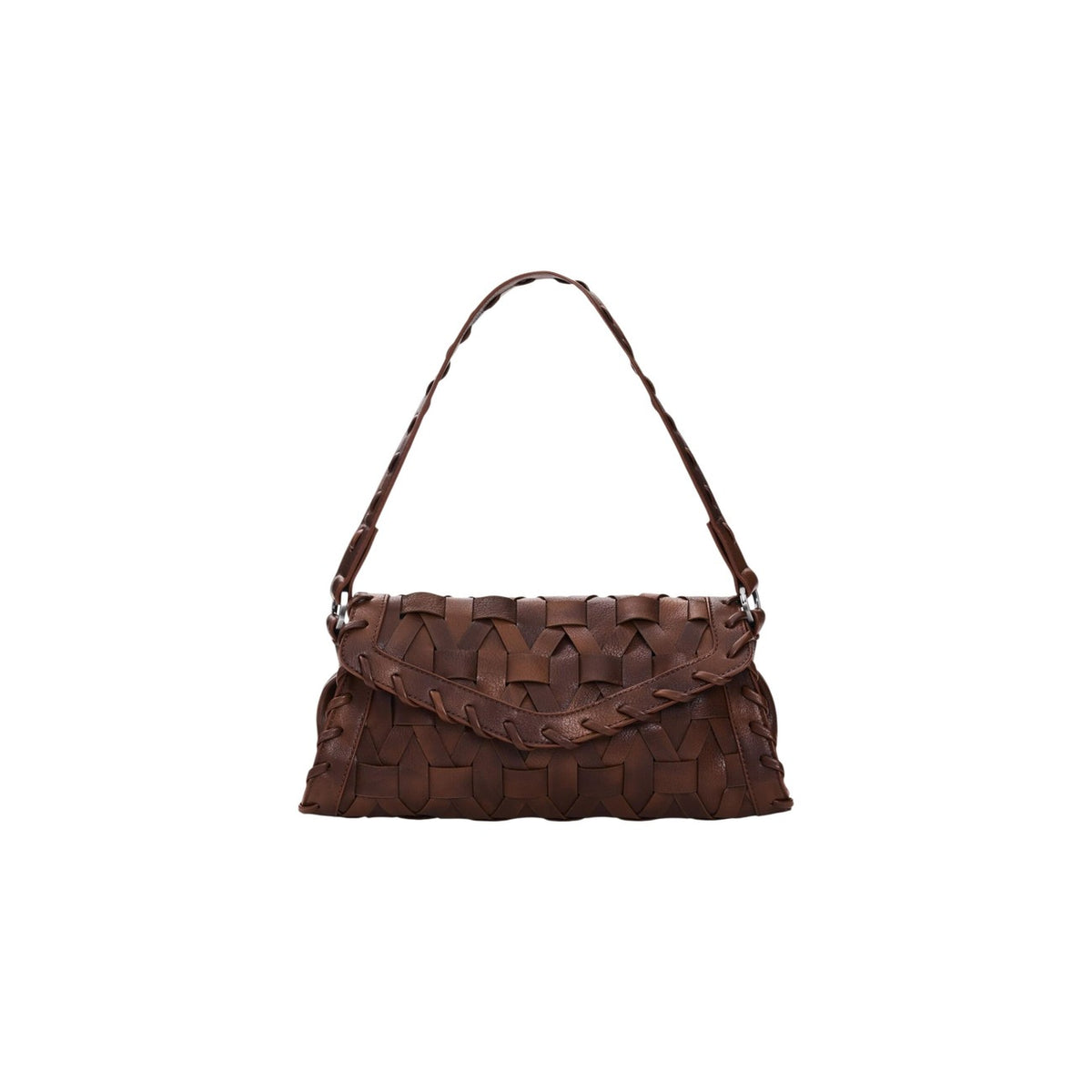 Borsa spalla SS26 intrecciata; effetto pelle, chiusura zip e magnete, tracolle intercambiabili. Charm portacarte incluso, fodera interna, stile contemporaneo e tattile. Colore marrone