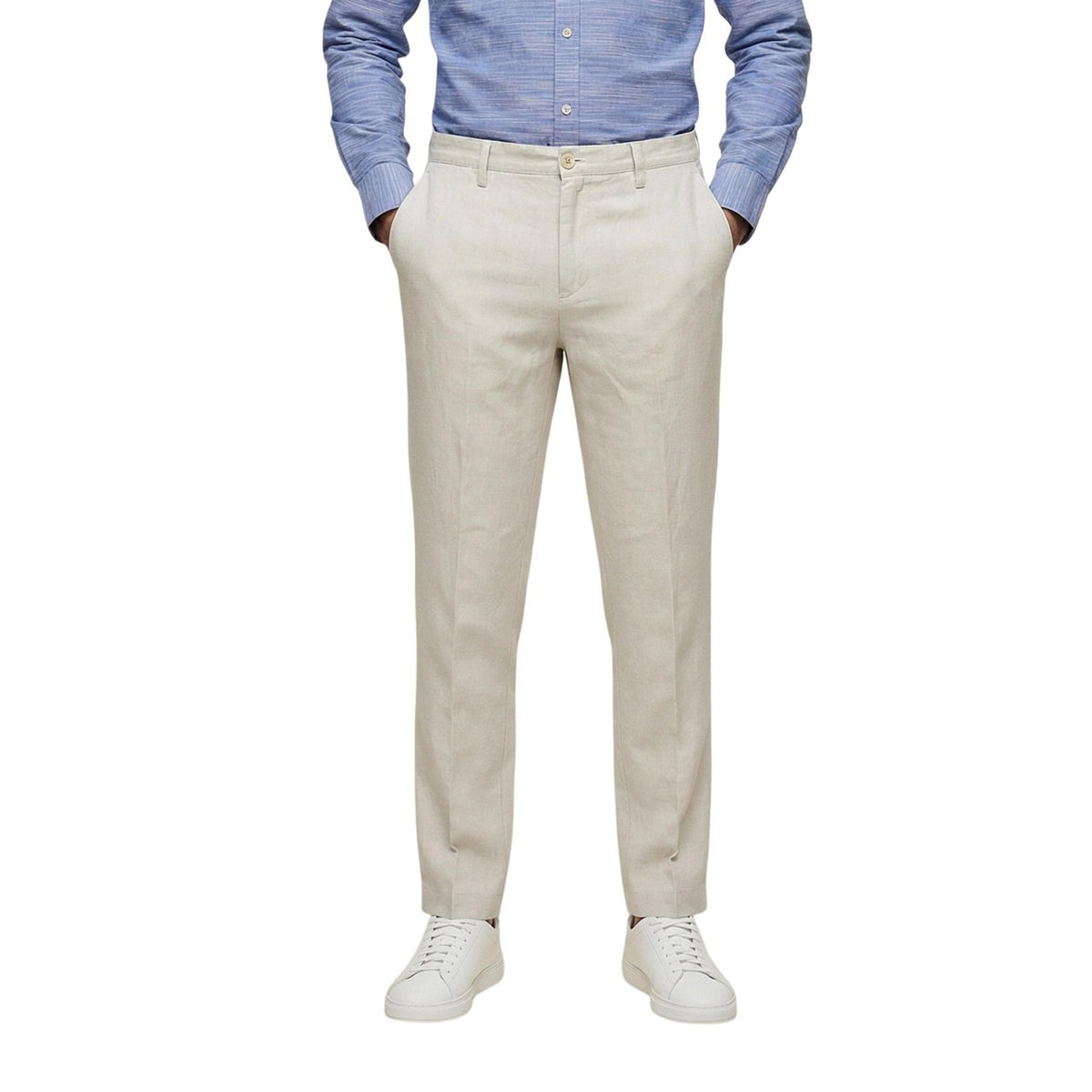 Pantaloni Borghese PSE579GR; 100% lino, Regular Comfort Fit. Chiusura con bottone, tasche laterali, tessuto ultra-traspirante. Pantalone estivo elegante e leggero, ideale per look business e casual. Colore beige vista frontale