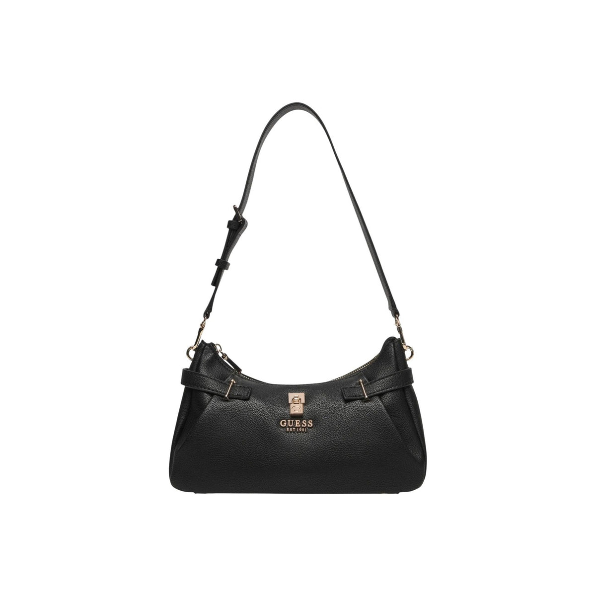 Borsa Guess Yesba Shoulder Bag; 100% Poliuretano Nero. Metalleria dorata, chiusura con cerniera, tasche interne. Borsa donna a spalla elegante e capiente. Vista frontale
