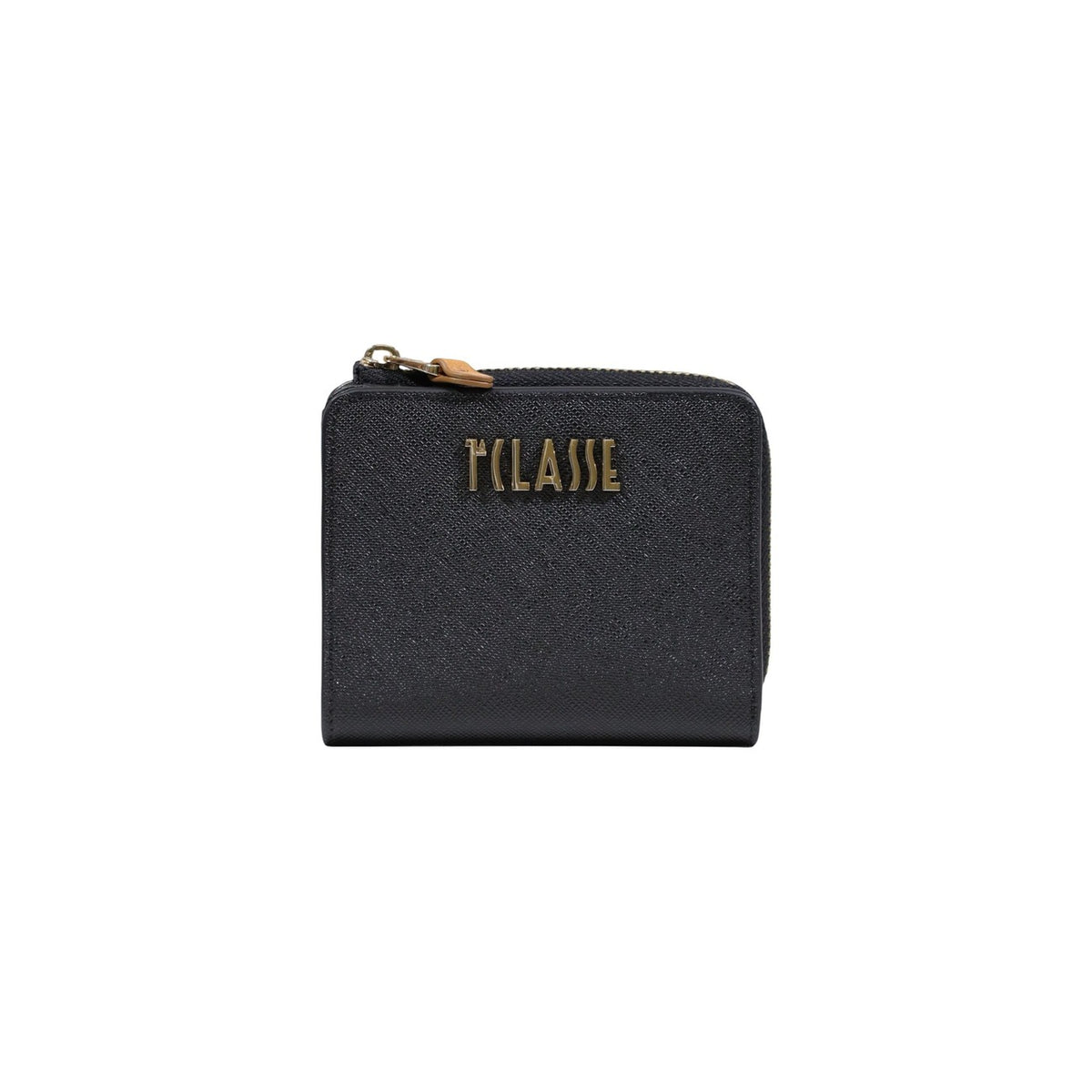 Portafoglio nero zip-around Alviero Martini Prima Classe, stampa Geo Classic e logo dorato in metallo; accessorio donna medio in misto PVC e cotone, elegante e funzionale. Vista frontale