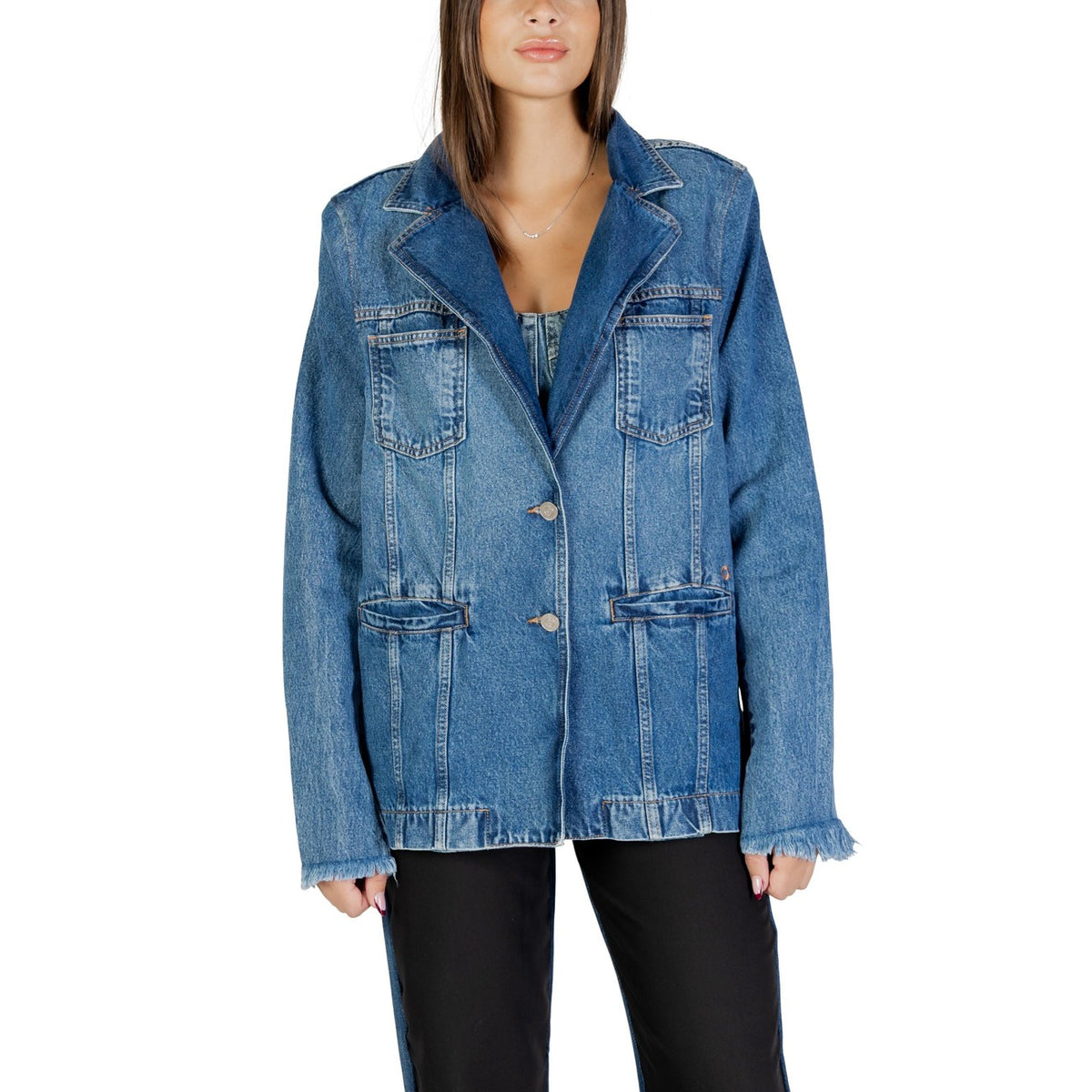 Colcci Giacca Jeans Donna Blu Bottoni Manica Lunga Scollo V Bavero Tasche Cotone 100% 058.11.00019