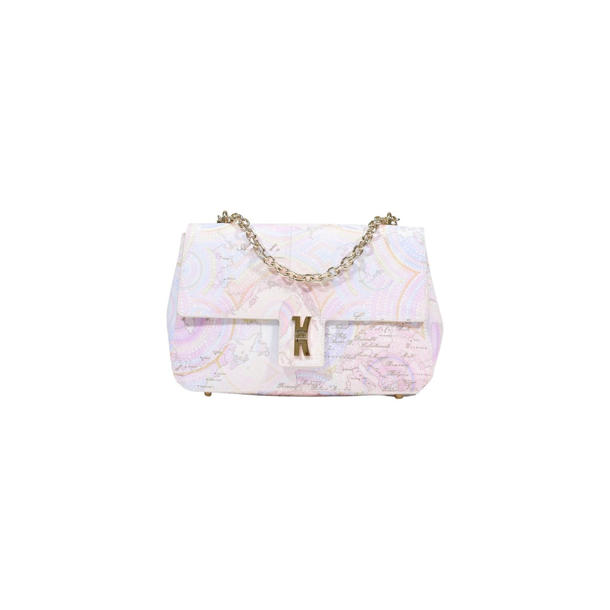 Borsa media Alviero Martini LF02 con stampa Geo, tracolla a catena dorata e chiusura a patta; accessorio sofisticato e resistente in PVC e cotone. Vista frontale