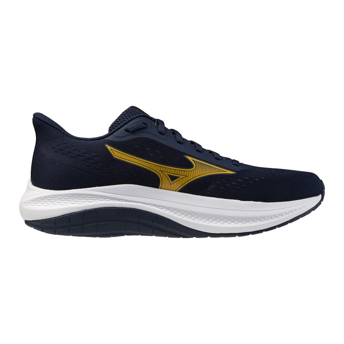 Scarpe da corsa per pronatori Mizuno Fortrush Dress Blues Gold. Sneakers da runner per allenamenti e maratone con supporto dell'arco plantare, suola stabilizzante in gomma, contrafforte sagomato e punta ampia.