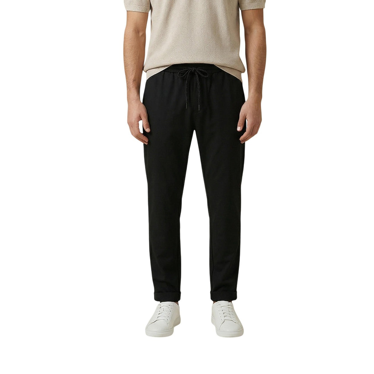 Gianni Lupo GL5240BD Comfort Pants; tessuto morbido stretch, vita elastica con lacci, linea diritta. Il pantalone versatile per il lavoro e il tempo libero. Colore nero. Vista frontale