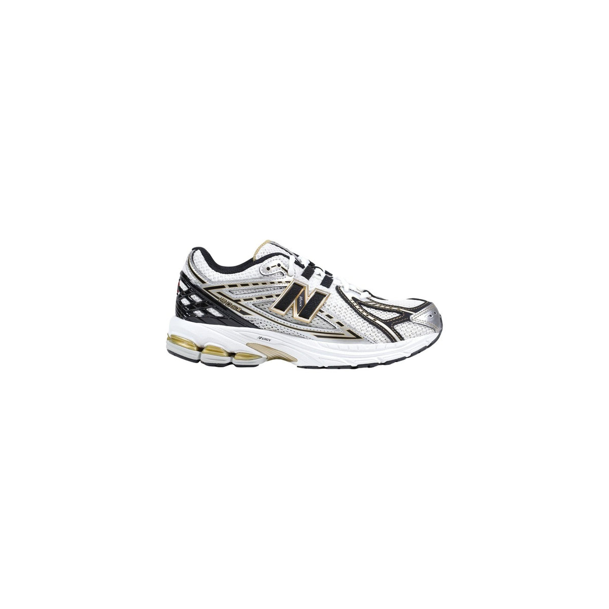 scarpa da ginnastica New Balance 1906R in colorazione argento metallizzato, bianco e nero.