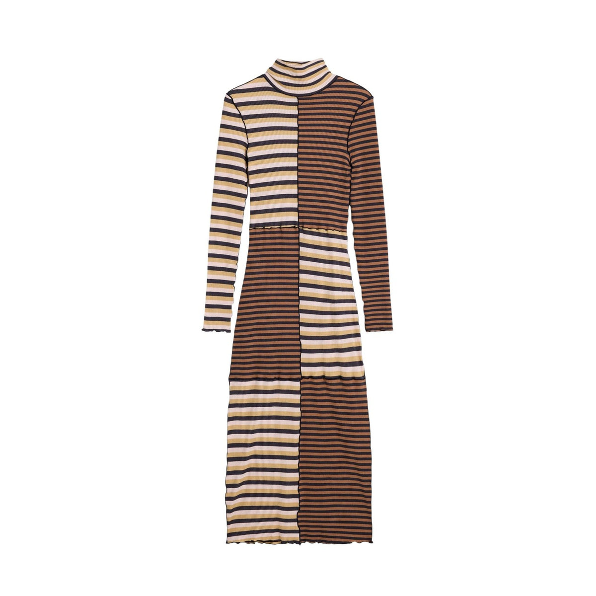 Abito lungo Desigual donna marrone a righe manica lunga scollo alto - vista frontale steso