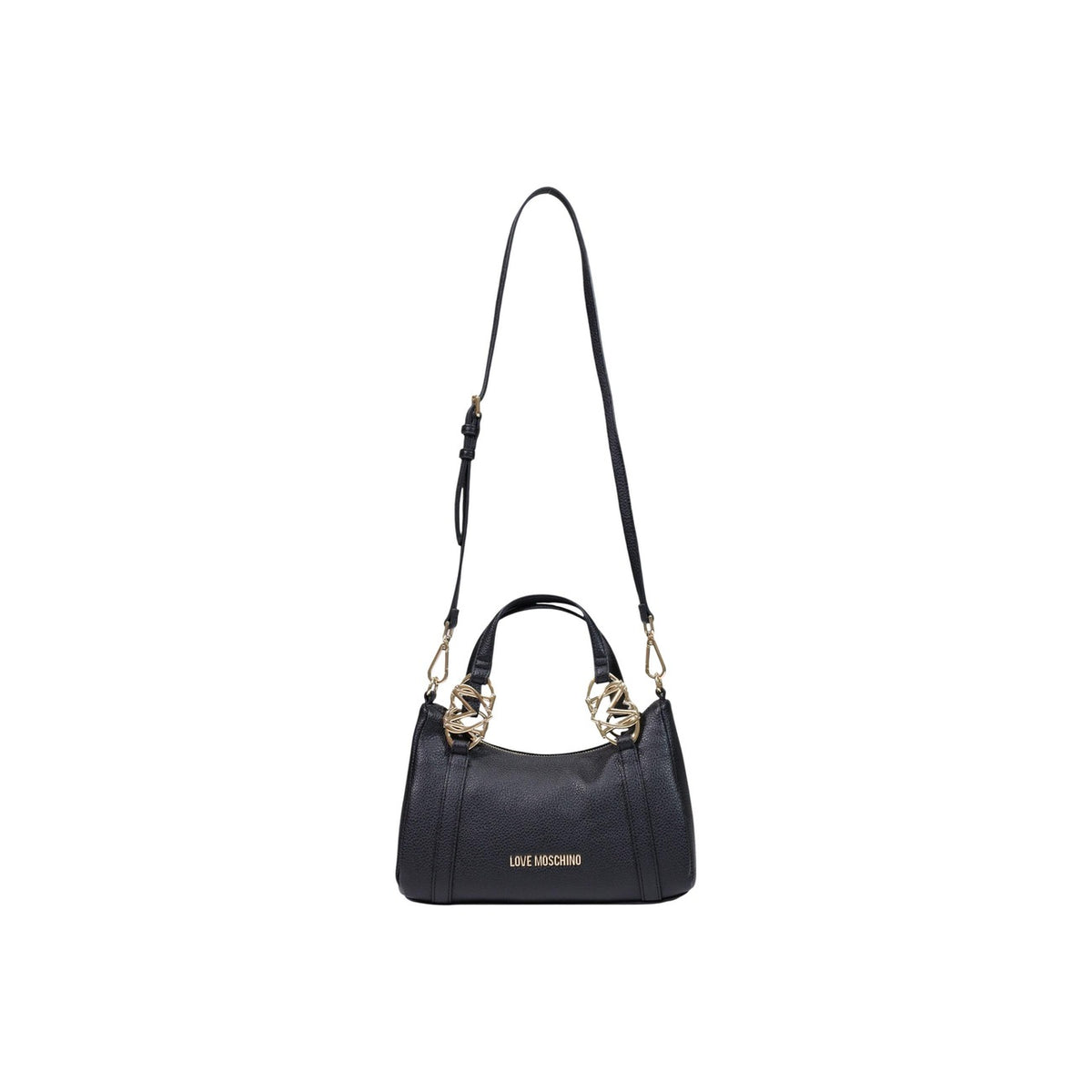 Borsa Love Moschino donna nera a mano modello JC4015PP1. Borsetta piccola bauletto in ecopelle martellata nera con dettagli oro a cuore sui manici e zip stile casual chic, romantico, elegante e da sera.