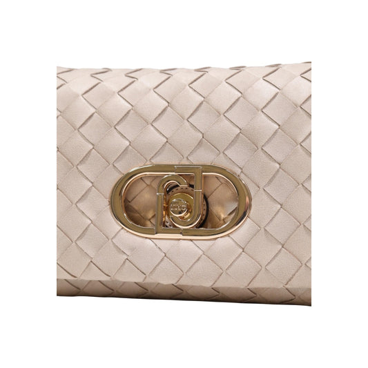 Borsa Liu Jo M CROSSBODY in similpelle intrecciata donna beige con chiusura a girello metallo dorato zip bottoni automatici tasca interna 100% poliestere - vista frontale dettaglio logo