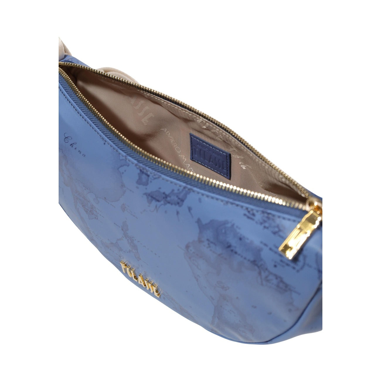 Borsa Alviero Martini Blu; Stampa Geo bicolore. Tracolla regolabile con logo, chiusura con cerniera, materiali resistenti. Dimensioni mini 17x6x6 cm. Accessorio versatile e contemporaneo per ogni stagione. Vista cerniera aperta