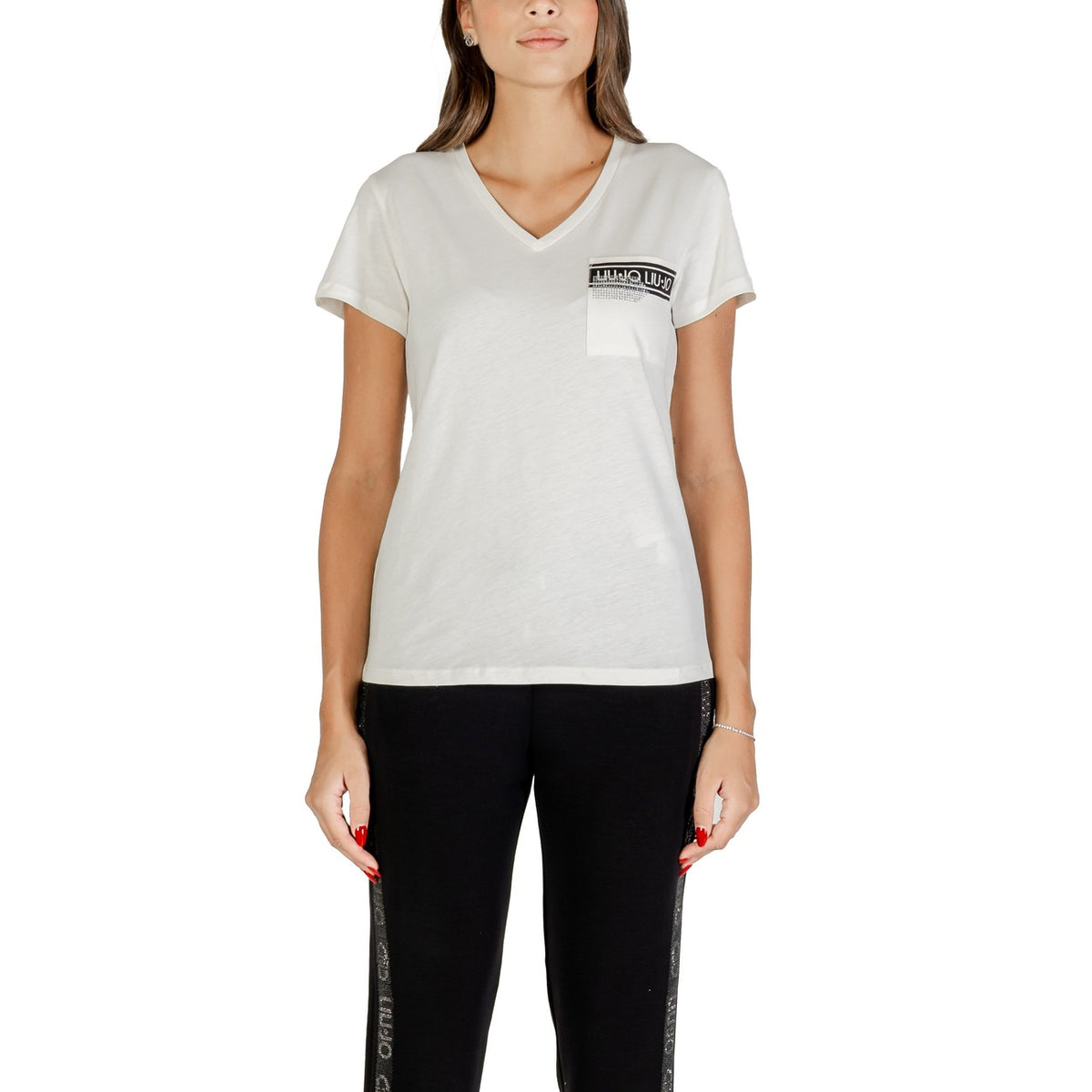 Liu Jo T-Shirt Donna Nera Stampa Manica Corta Scollo a V Tasca Singola 100% Cotone Primavera/Estate TF5167 JS923