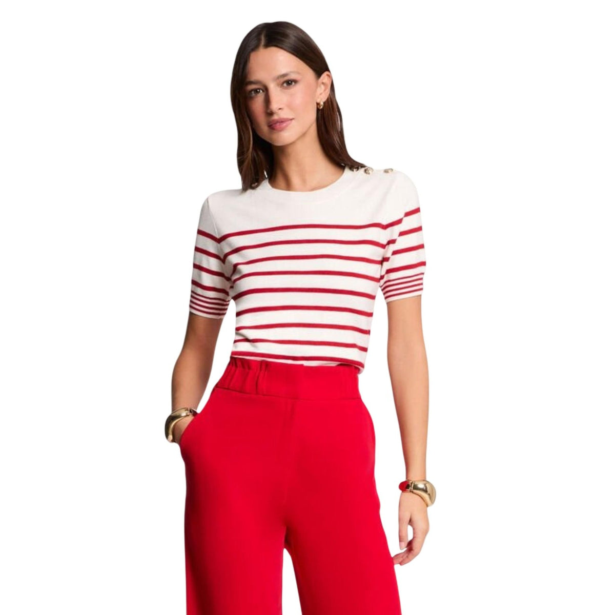 Morgan De Toi 251-MTERI, maglia a righe bianco e rosso in viscosa eco-friendly; dettagli bottoni sulla spalla, tessuto morbido e traspirante, stile moderno e femminile. Vista frontale