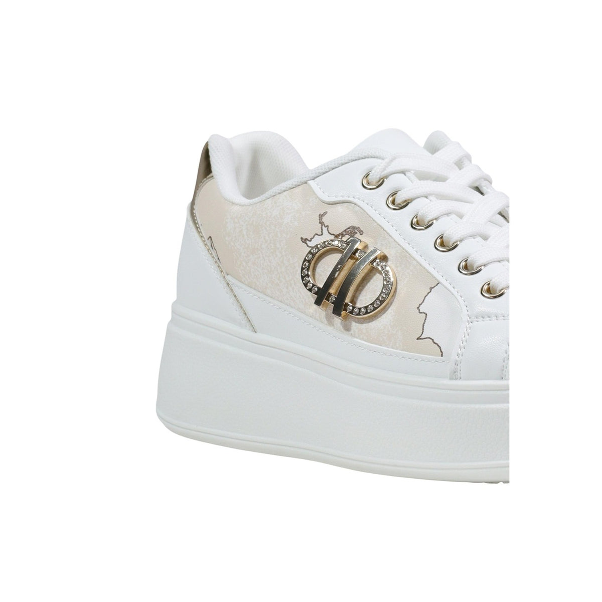 Sneakers Alviero Martini Platform; stampa Geo, dettagli metallici, inserto tallone, suola rialzata. Il must-have urbano firmato 1ª Classe. Dettaglio logo