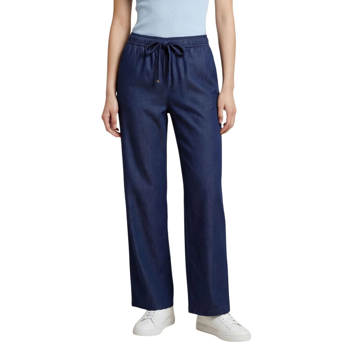 Only Onliria Life 15367382, pantaloni wide leg chambray con vita elasticizzata; coulisse frontale, tessuto leggero bi-stretch e silhouette fluida moderna. Vista frontale