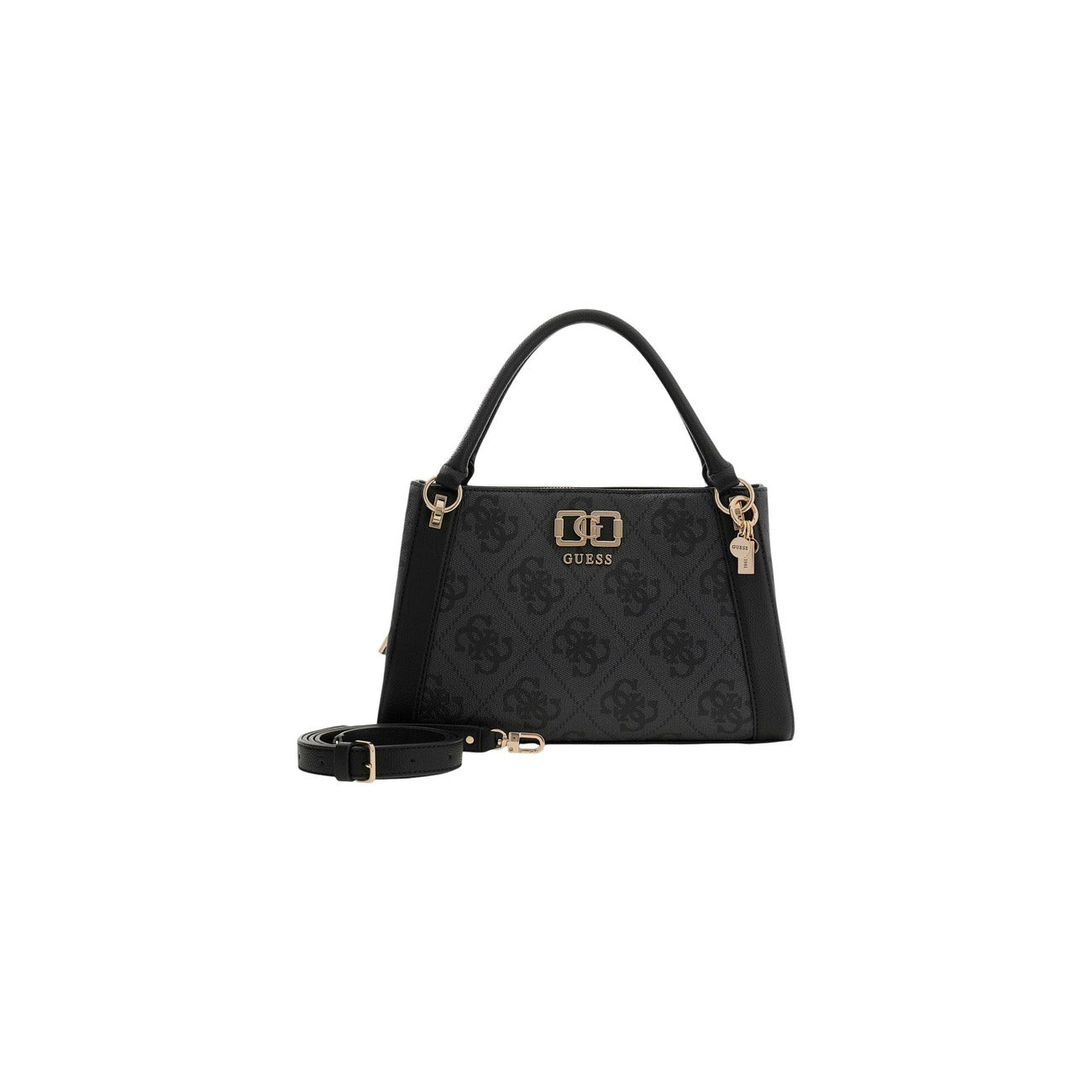 Guess Karnilla Logo Satchel; borsa bauletto nero con stampa logo, charm gold e chiusura sicura a cerniera. Un accessorio glamour e capiente, perfetto per outfit eleganti e professionali.
