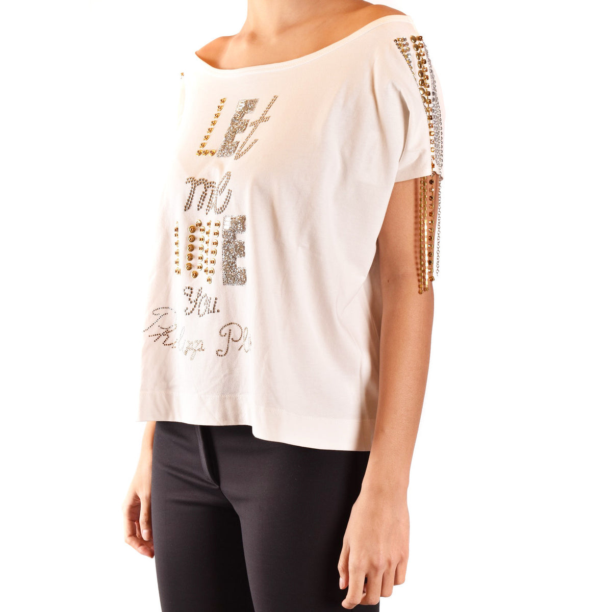 Philipp Plein T-Shirt Donna Bianca Strass Stampa Manica Corta Scollo a Barca 100% Cotone Primavera/Estate B_40577