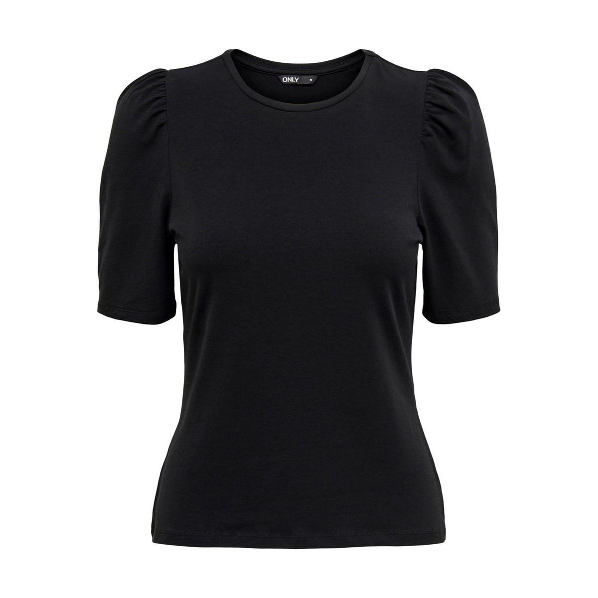 T-shirt Donna Only Pufftop; Nero. 95% Cotone, 5% Elastam. Maniche a palloncino, girocollo, tessuto stretch. Stile casual-chic adatto a tutte le stagioni. Vista frontale stesa
