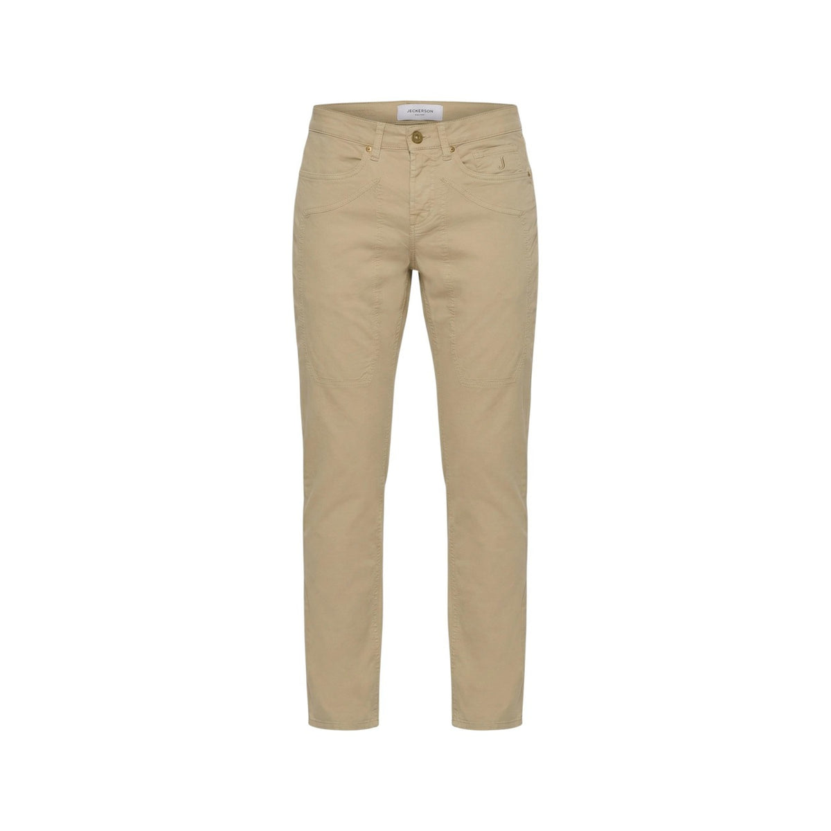 Jeckerson John Toppa Jeans; 98% cotone, 2% elastan, vestibilità a sigaretta. Il jeans iconico con toppe frontali e chiusura a zip nascosta. Colore beige. Vista frontale Stesa