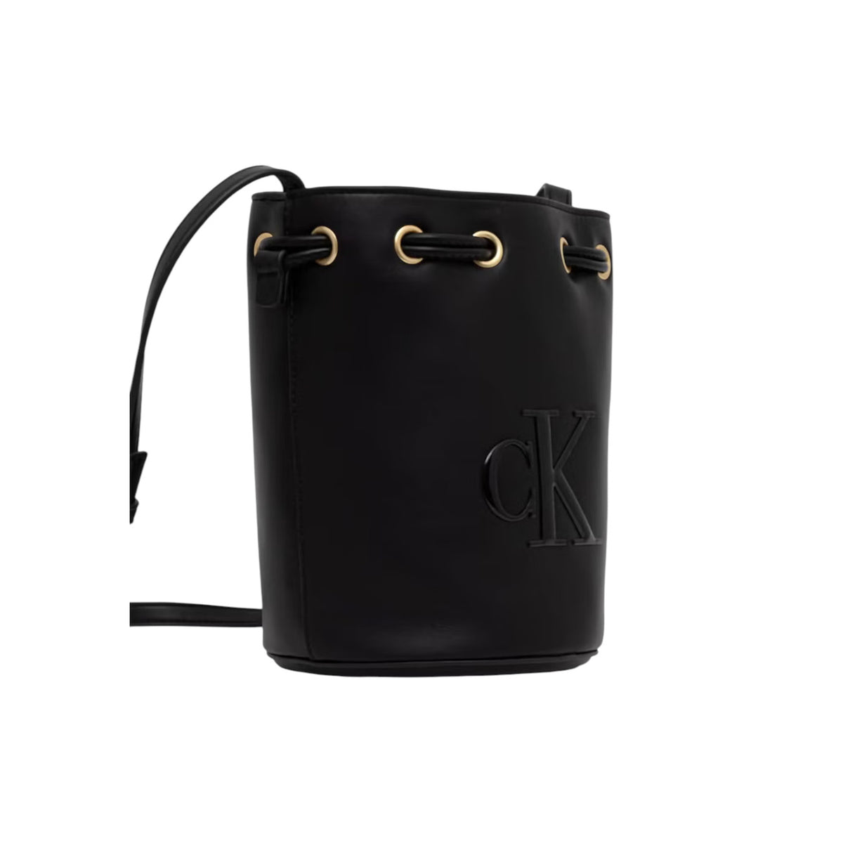 Borsa Secchiello Donna Calvin Klein Bold; Nero. 100% Poliuretano a finitura liscia, chiusura superiore con coulisse, tracolla regolabile e dettagli in metallo oro. Misure compatte e cilindriche (15x21 cm), stile contemporaneo. Vista frontale