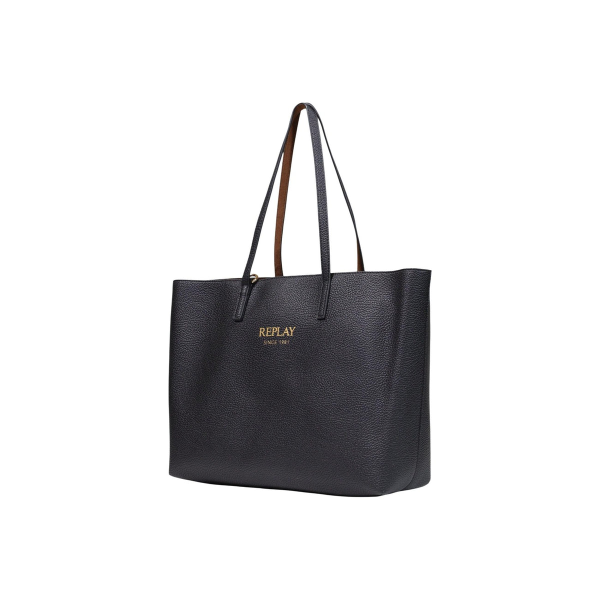 Borsa shopper Replay nera grande FW01CA.000.A7243Y. Borsa tote da donna nera effetto pelle con logo contrasto e pochette interna rimovibile in ecopelliccia, doppi manici e chiusura zip, borsa capiente da lavoro e viaggi 4 stagioni.