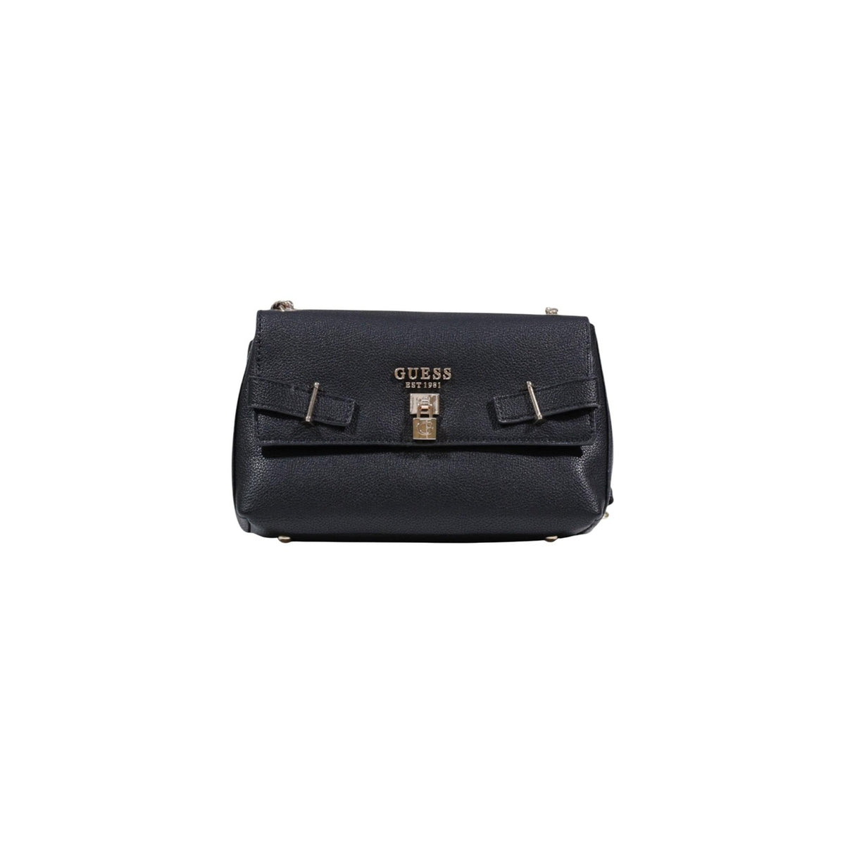 Borsa Guess Yesba Convertible Xbody; 100% Poliuretano. Chiusura con patta e fibbia, dettagli metallici, tracolla removibile. Borsa media elegante, versatile e sicura. Colore nero. Vista frontale