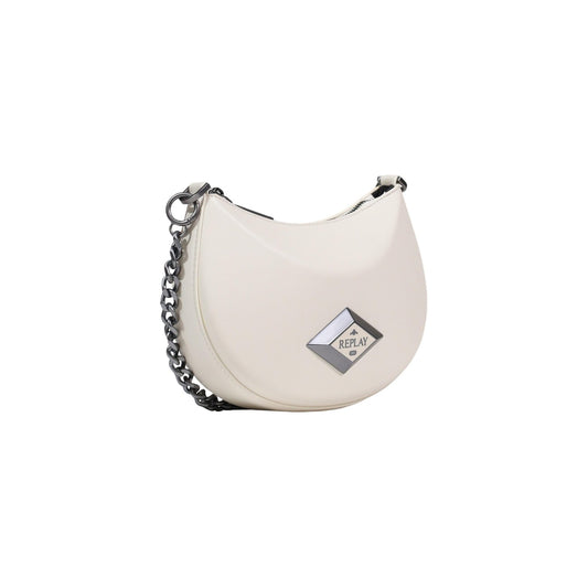 Mini Bag Replay Bianca; Forma a mezzaluna. Manico a catena, chiusura con zip, logo metallico. Dimensioni mini 15x6x5 cm. Borsa a spalla leggera e moderna, ideale per la mezza stagione. Vista laterale