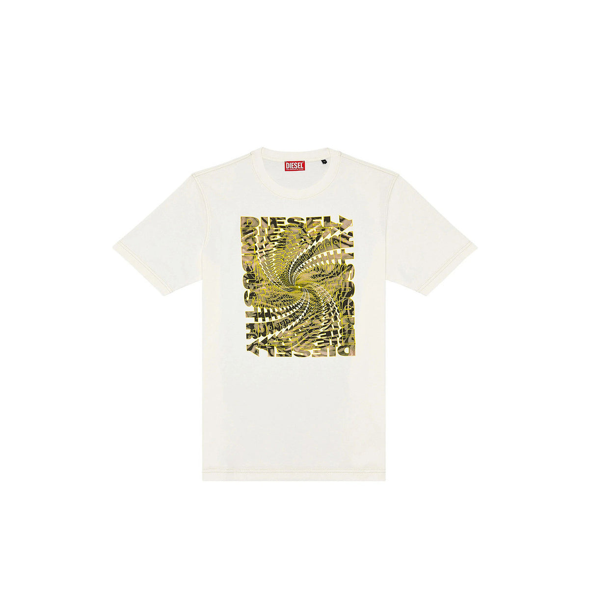 Diesel T-shirt Bianca con Stampa; 100% cotone, maniche corte e scollo tondo. Design distintivo Diesel, fresca e resistente. Vista frontale stesa