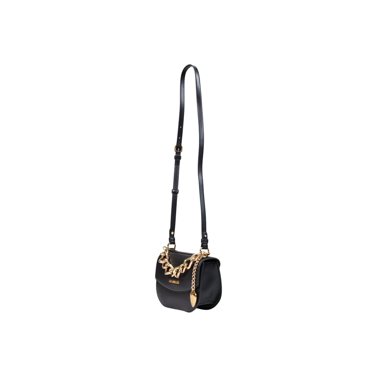 Borsa Love Moschino donna nera a tracolla modello JC4160PP. Borsetta piccola a bandoliera nera con catenella oro decorativa, ciondolo a cuore e zip stile casual chic, elegante e da sera.