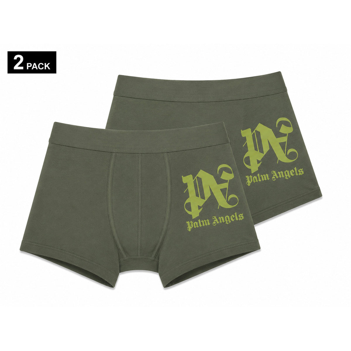 Set 2 Boxer Palm Angels; Stampa su gamba. Elastico tono su tono, cotone stretch premium, vestibilità aderente. Il dettaglio streetwear definitivo per il tuo guardaroba intimo. Verde