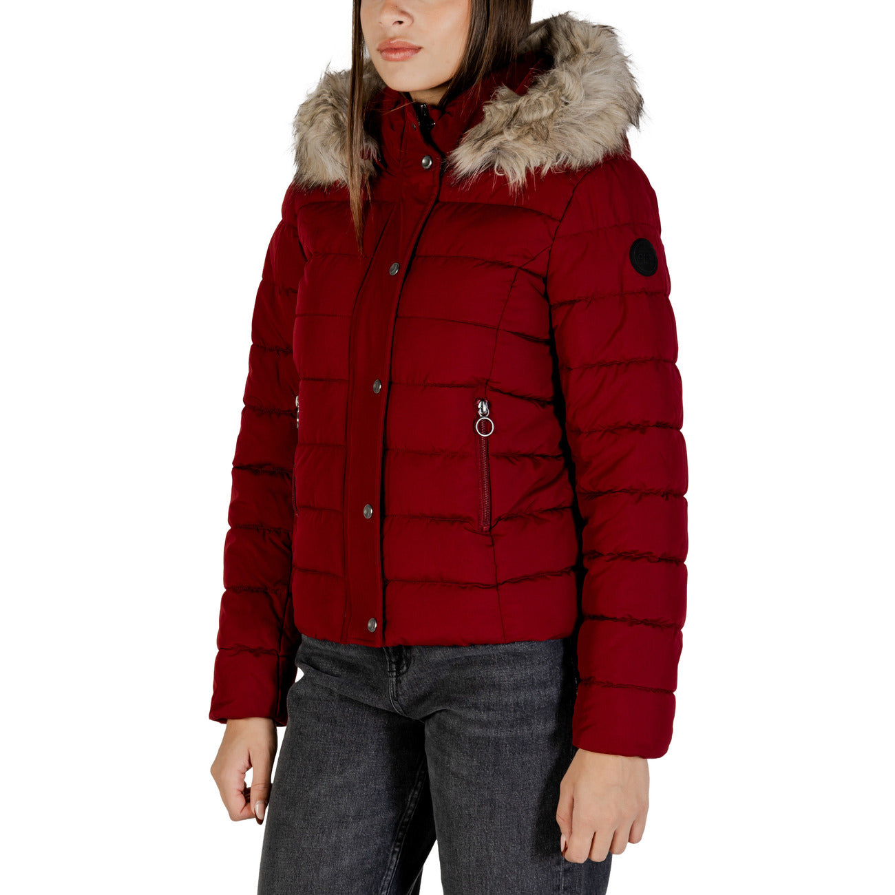 Only Giubbotto Donna Rosso con Cappuccio Zip Bottoni - Giubbotto Acrilico Tasche Maniche Lunghe