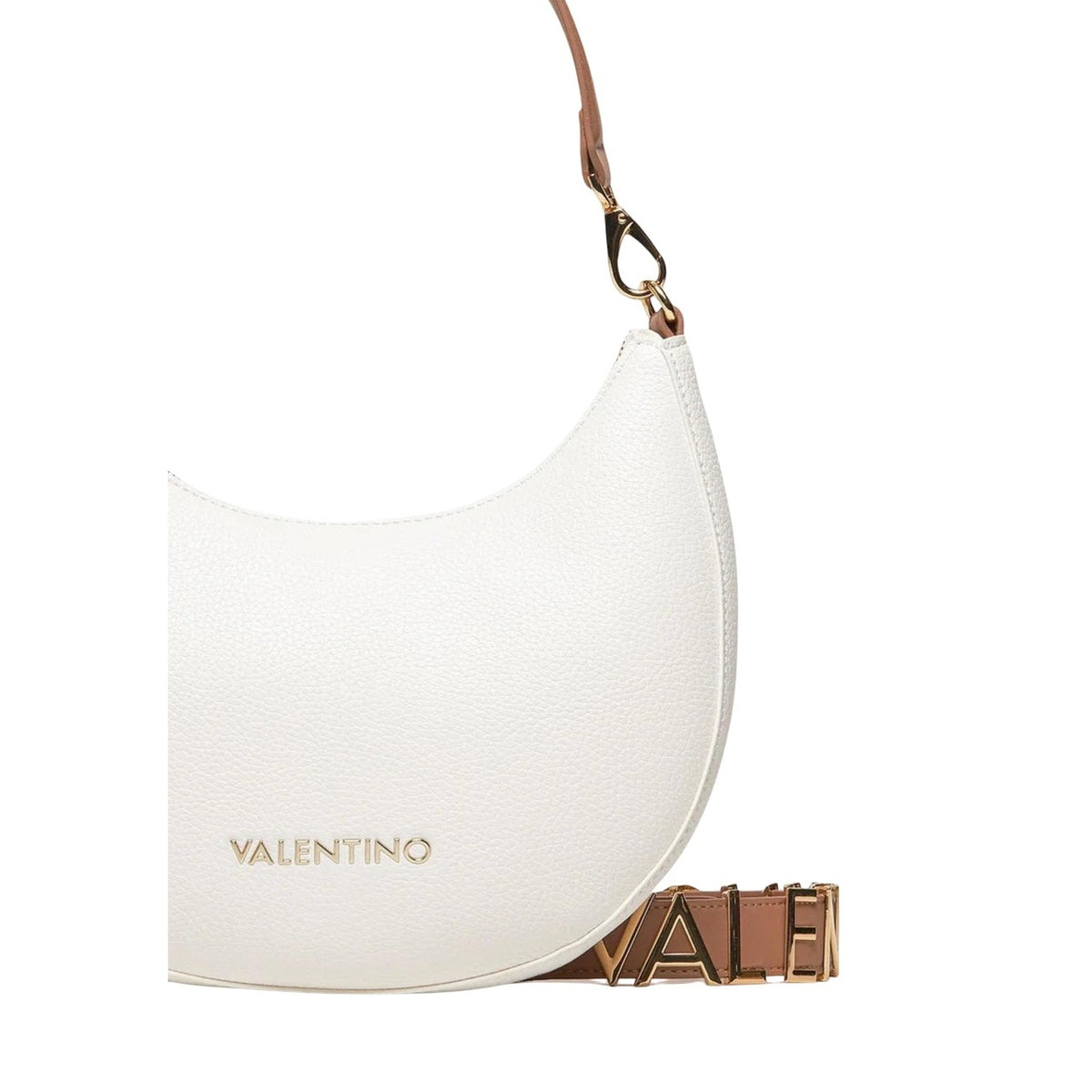 Valentino Bags Alexia Borsa a mano bianco/cuoio; struttura in poliuretano impermeabile con dettagli in metallo, volume 6 litri, stile sofisticato e versatile per ogni occasione quotidiana. Vista frontale dettaglio logo