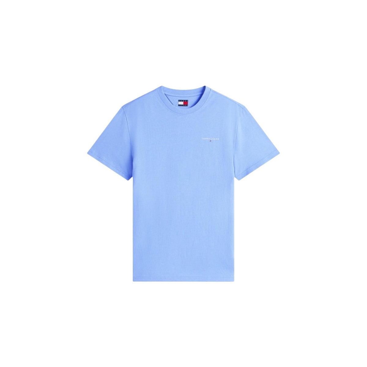 Tommy Hilfiger Brand Love Small Tee; 100% cotone, vestibilità regolare, logo discreto. La t-shirt basic durevole e iconica. Vista frontale stesa colore azzurro