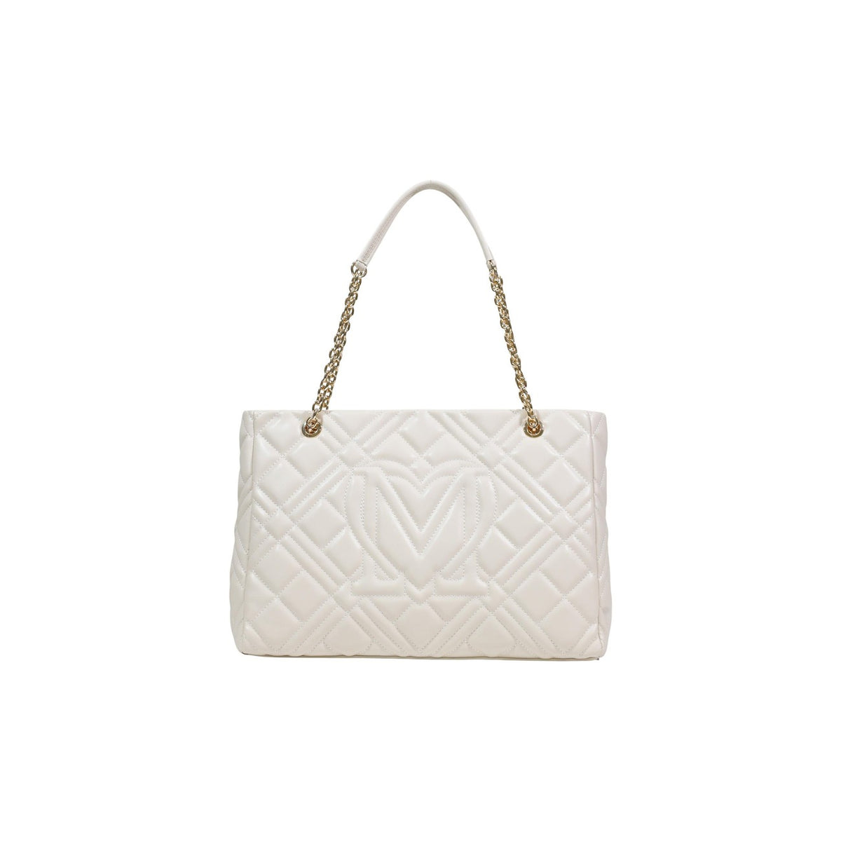 Borsa Love Moschino donna bianca shopper modello JC4145PP1L. Shopping bag grande trapuntata matelassé bianco ottico con doppi manici a catena dorati, placca logo frontale oro e chiusura con zip, capiente borsa a spalla elegante e casual.