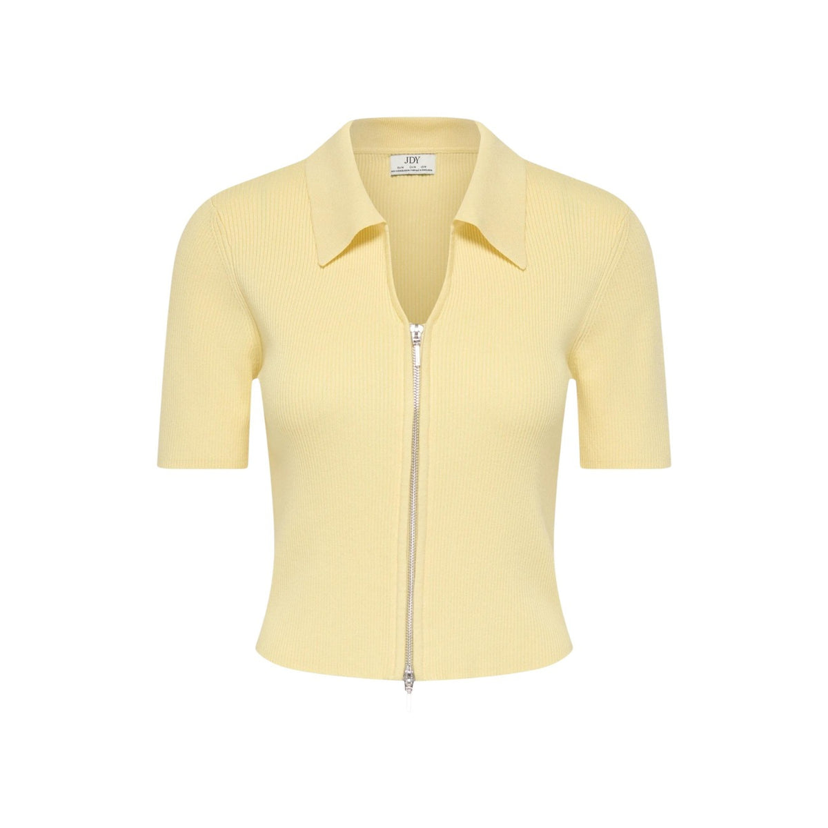 Cardigan JDY Jdynanna; 80% viscosa, 20% nylon, lavorazione a costine. Maniche corte, colletto classico, chiusura con zip. Maglia elastica, traspirante e antipiega per outfit quotidiani. Colore giallo. Vista frontale