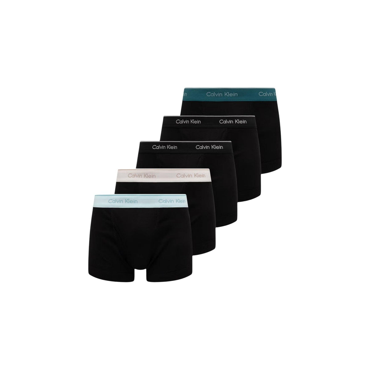 Boxer Uomo Neri Calvin Klein Trunk (Pacco da 5); Tessuto 100% cotone traspirante con vita elastica regular logata in colorazioni assortite. Modello intimo aderente a tinta unita, stile casual essentials 4 stagioni.