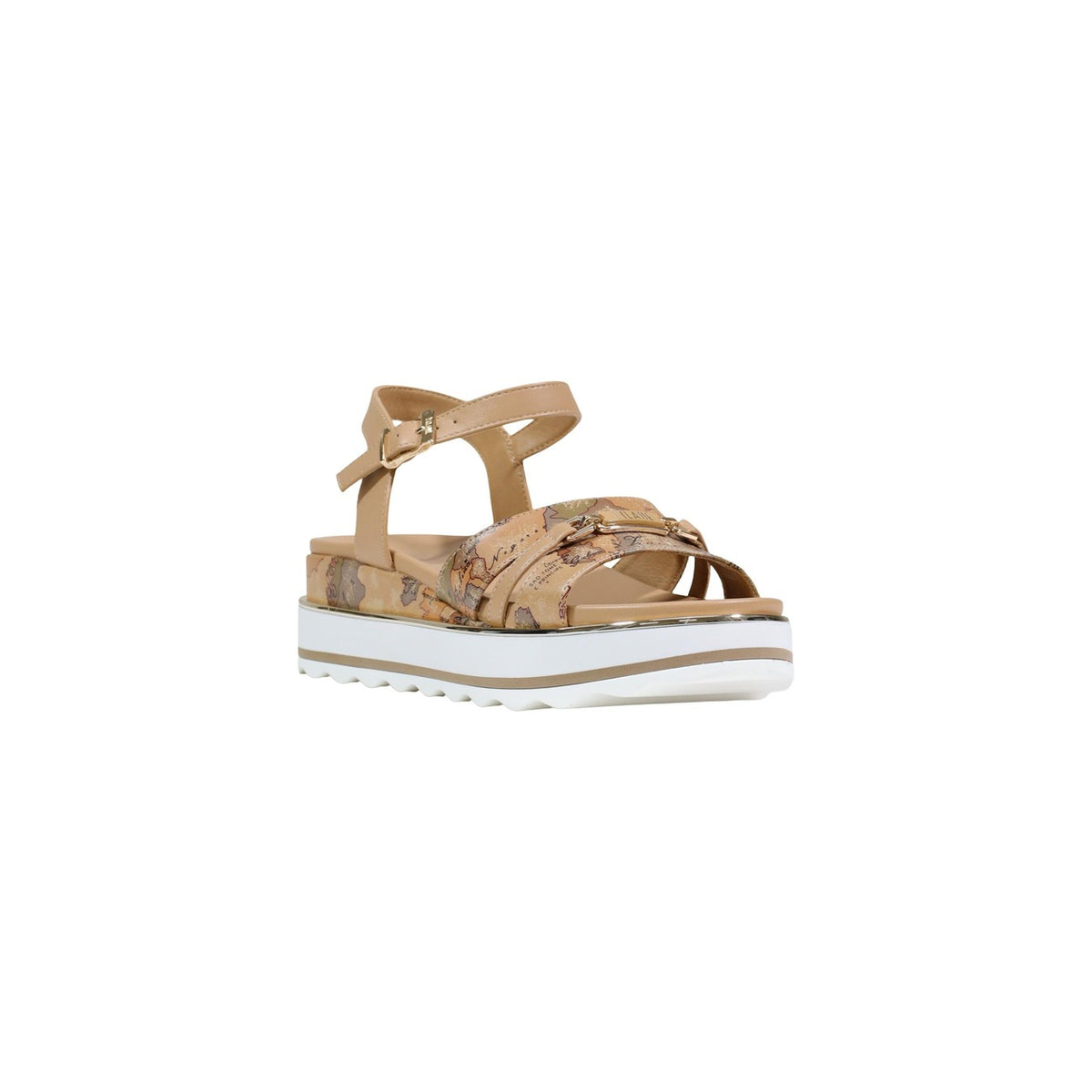 Sandali donna Alviero Martini 1^ Classe; stampa Geo Classic, suola platform, chiusura con fibbia regolabile. Stile iconico ed elegante. Vista frontale