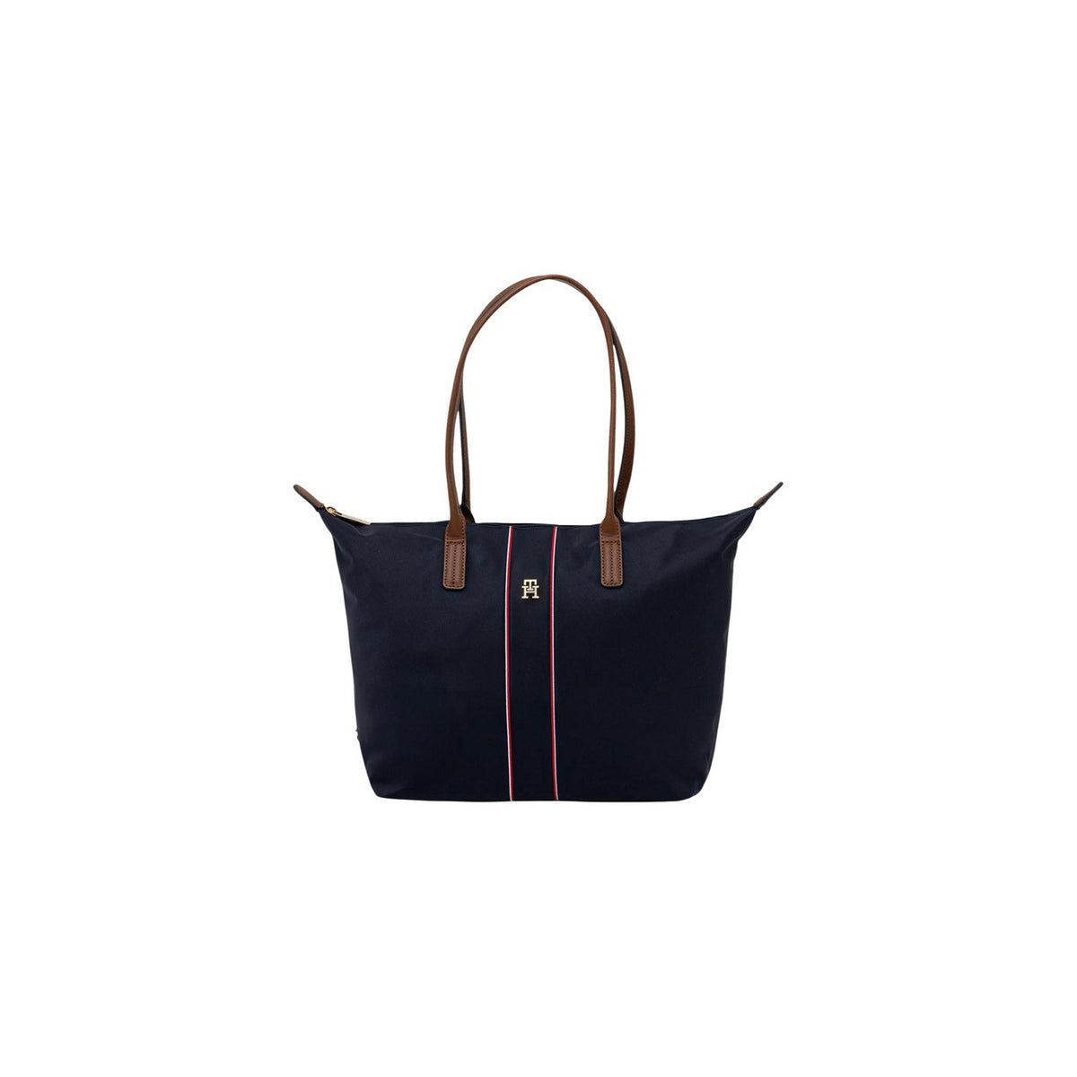 Borsa Tommy Hilfiger Nylon Tote; Chiusura con zip, tracolla rimovibile, nastro iconico TH. Capienza 7 litri, materiale leggero e resistente. Design moderno con manici a contrasto. Vista frontale
