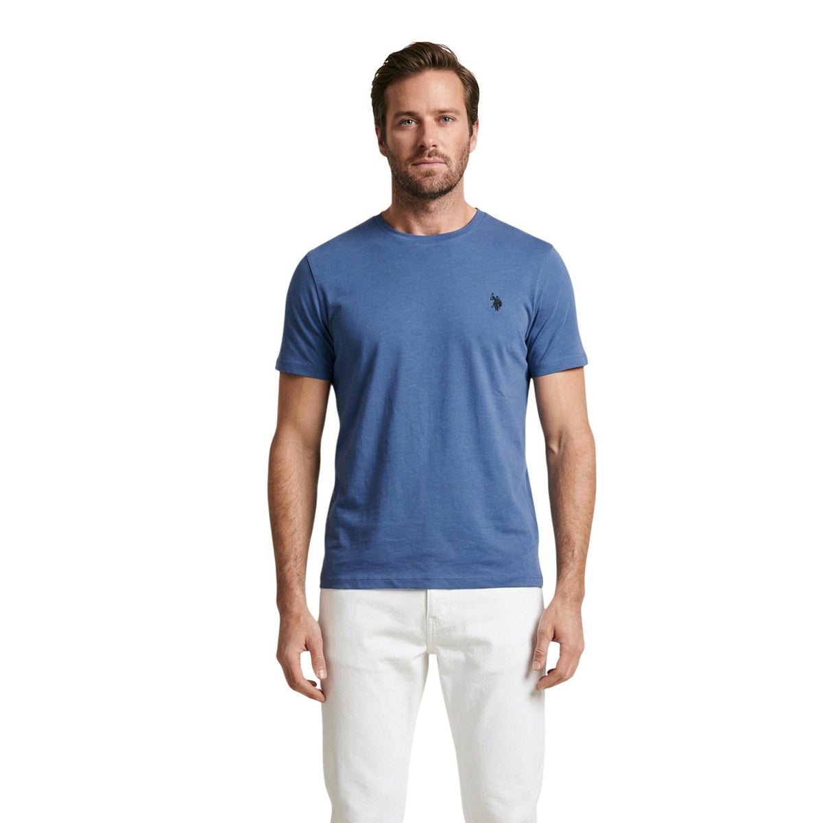 T-shirt uomo U.S. Polo Assn. modello MICK-BASIC blu azzurra in cotone a maniche corte con logo ricamato e scollo tondo