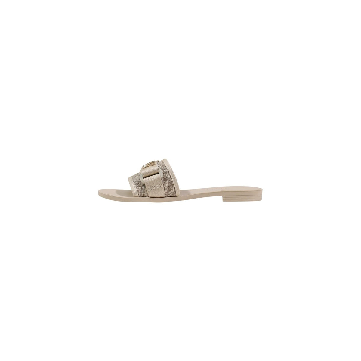 Sandali bassi Guess Elyze, tomaia in 100% poliestere con stampa monogramma e fibbia logo dorata; sandali slide estivi con suola sottile e dettagli hardware gold. Vista laterale