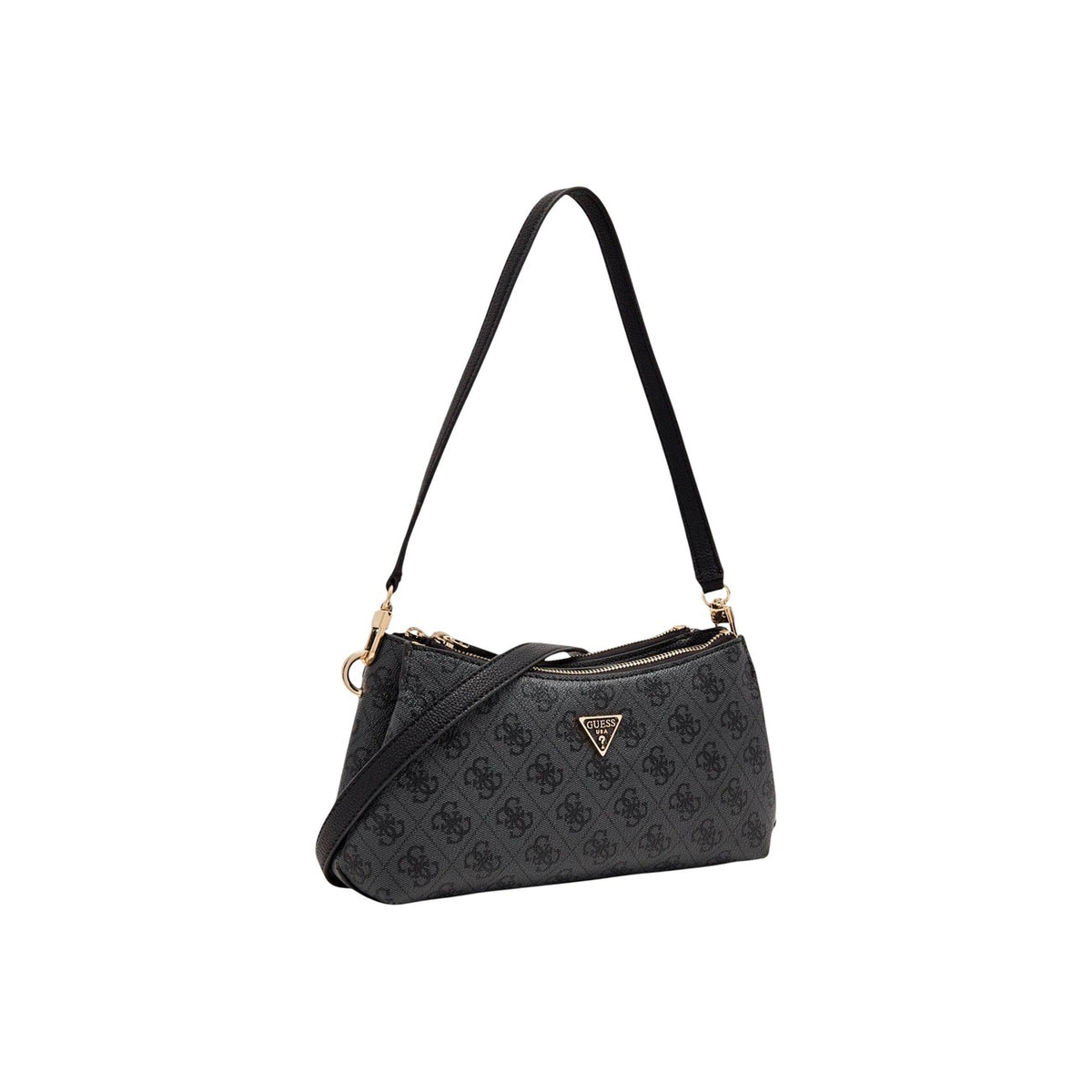 Borsa Guess Noelle II Crossbody; 100% Poliuretano. Motivo monogramma, 3 scomparti interni, dettagli gold. Doppia portabilità (spalla/crossbody), stile contemporaneo e funzionale. Vista frontale laterale