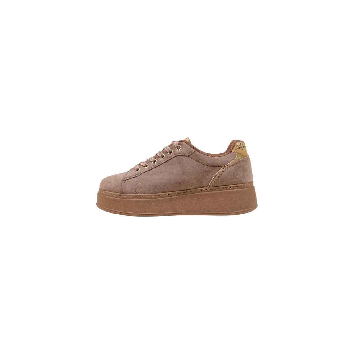 Sneakers marroni nocciola platform donna Alviero Martini Prima Classe 26IZ11626199. Scarpe da ginnastica in suede scamosciato marrone con suola rialzata 5,5 cm, inserti mappa Geo Classic e logo dorato.