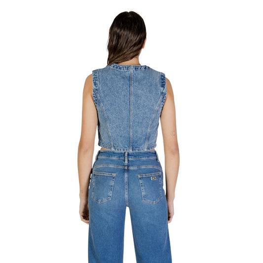 Gilet Morgan De Toi donna blu denim jeans con bottoni - vista posteriore retro indossato da modello