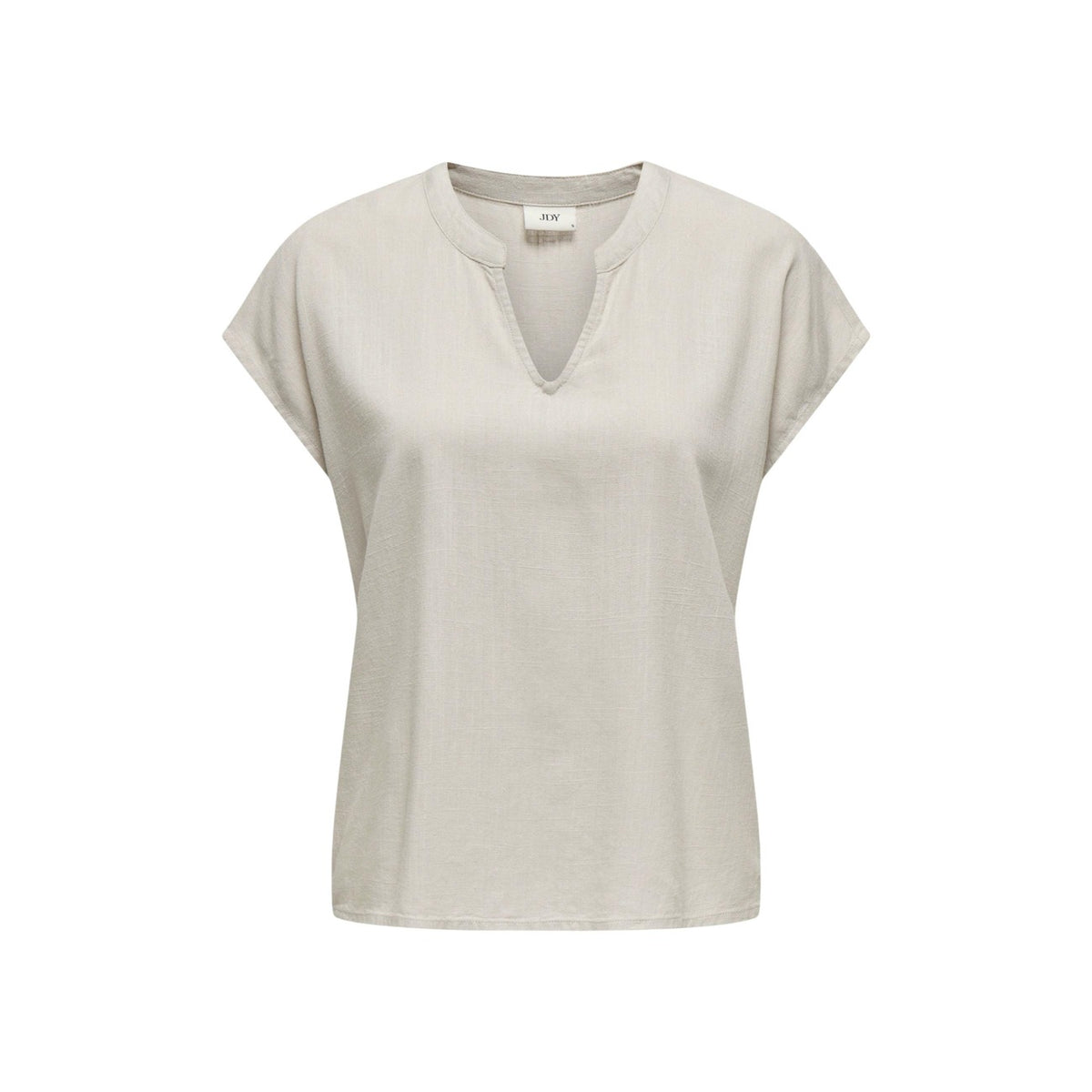 Blusa JDY Jdycaya Lion; Misto Lino e Viscosa. Maniche corte, scollo a V con micro-spacco, vestibilità rilassata. Tessuto naturale traspirante, stile casual raffinato, ideale per il caldo. Colore beige/grigio. Vista frontale stesa