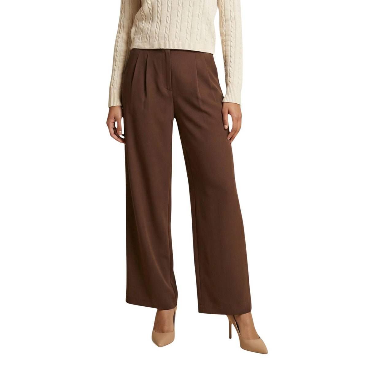 Pantaloni Only donna marroni con zip e bottone tasche - vista frontale indossati da modello