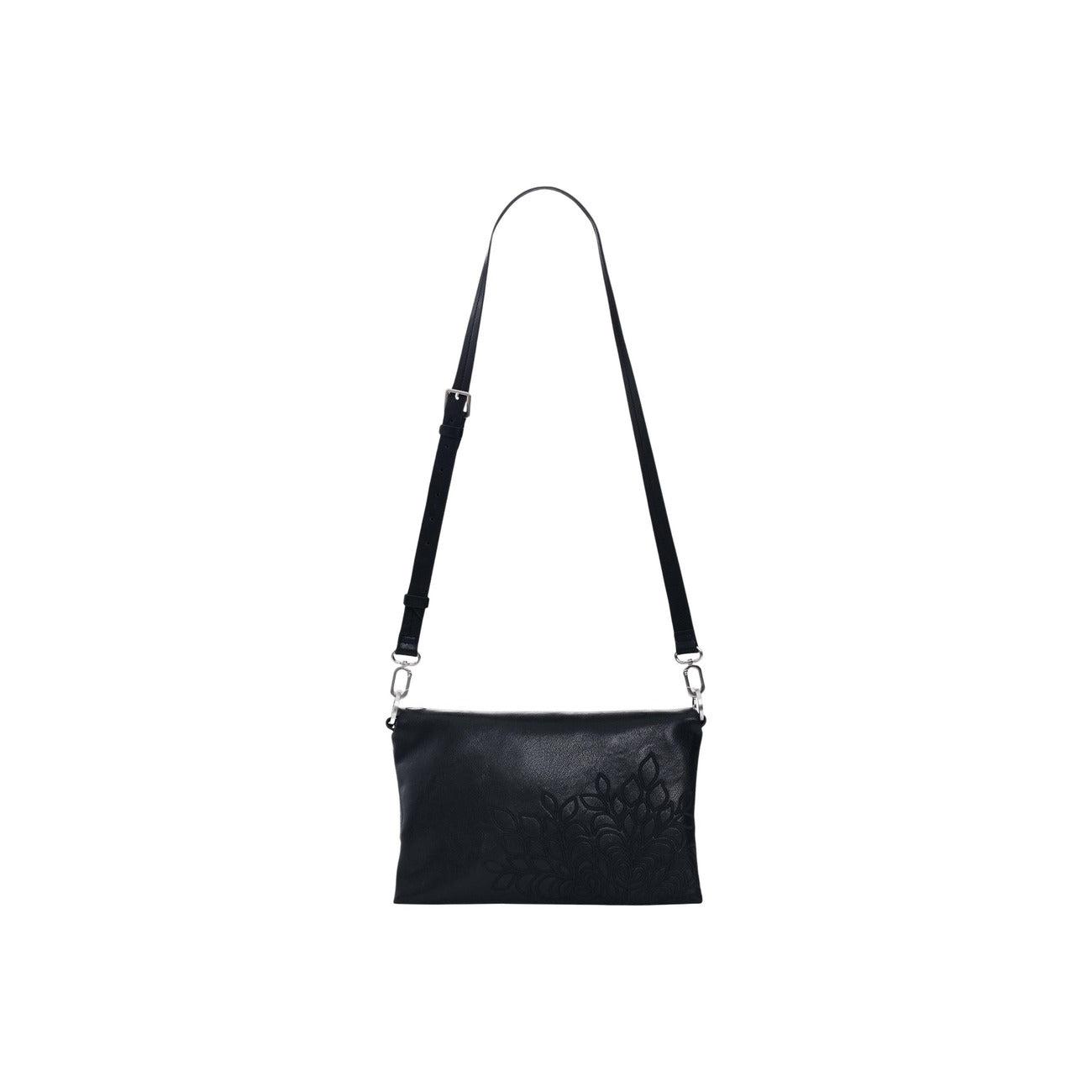 Borsa piccola con tracolle intercambiabili, ricami in effetto pelle e dettaglio di charms sulla tracolla. Vista posteriore con tracolla