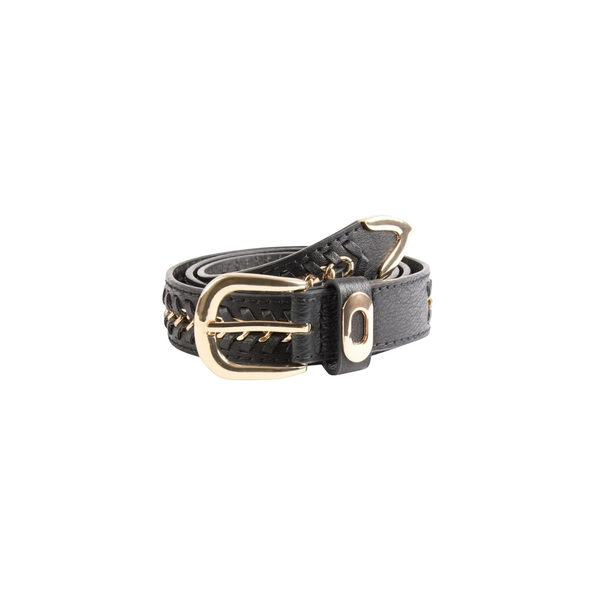 Cintura Morgan De Toi in poliuretano nero con fibbia dorata donna 106x3x0.3 cm 100% poliuretano - vista frontale arrotolata