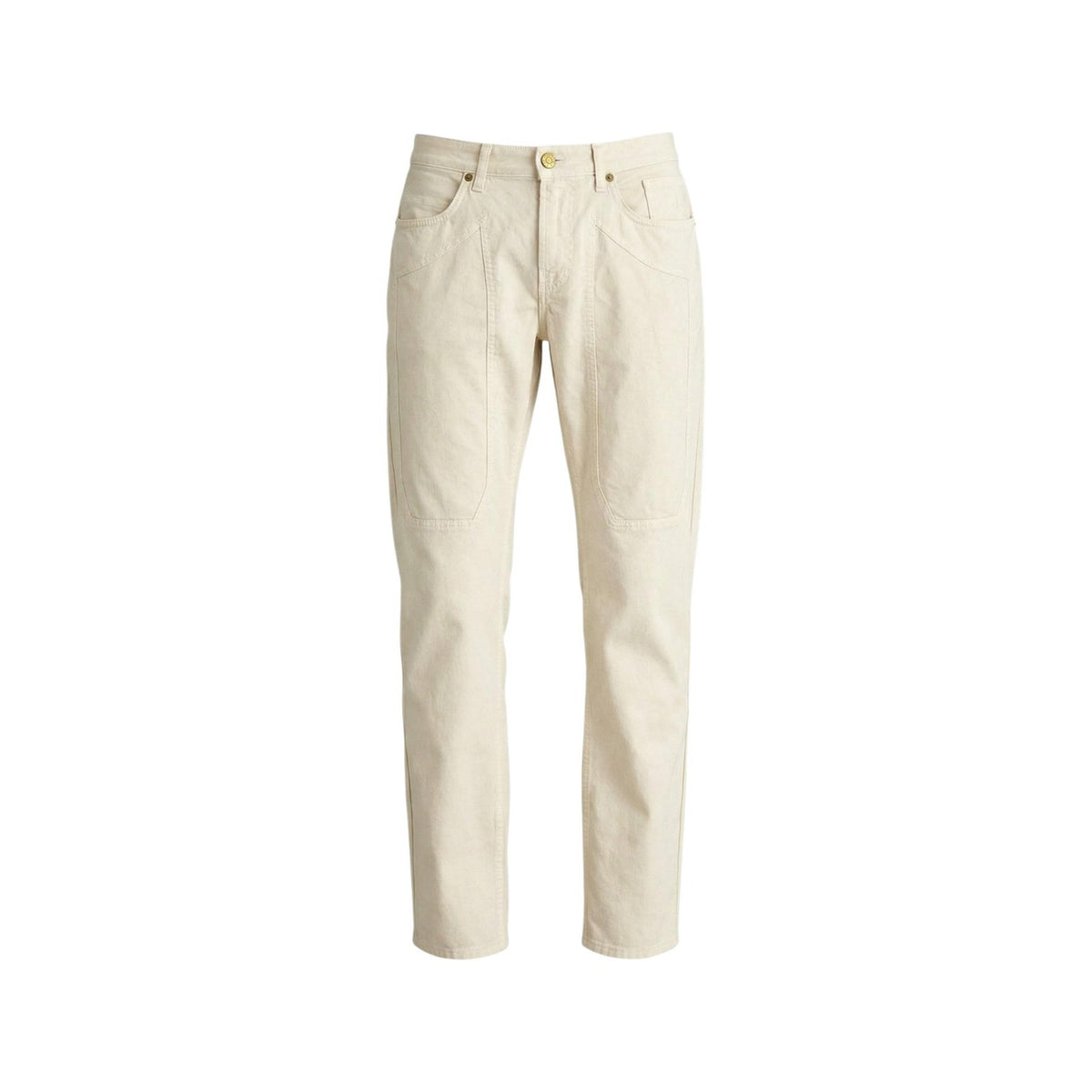 Jeckerson John Toppa Jeans; 98% cotone, 2% elastan, vestibilità a sigaretta. Il jeans iconico con toppe frontali e chiusura a zip nascosta. Colore bianco. Vista frontale