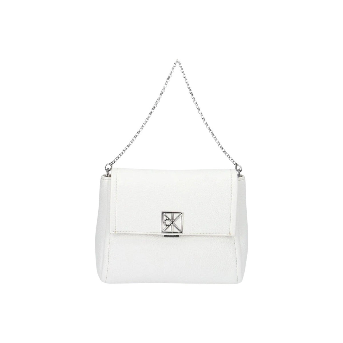 Calvin Klein Emblem Crossbody; 100% Poliuretano. Bianco effetto martellato, tracolla a catena, logo metallico. Borsa piccola elegante 14x5x5 cm, chiusura con zip. Vista frontale