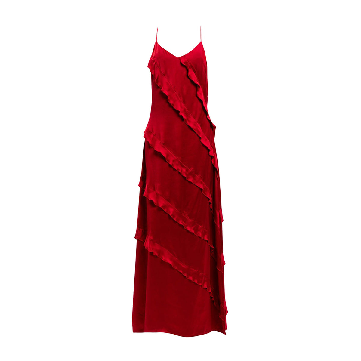Abito lungo in raso di viscosa con volant oblique dal collo al fondo. Ha spalline sottili, scollatura a V davanti e profonda sul retro, chiusura con zip invisibile al fianco, spacco al fondo, fodera in georgette, linea dritta. Perfetto per party look e cerimonia. Vista stesa frontale