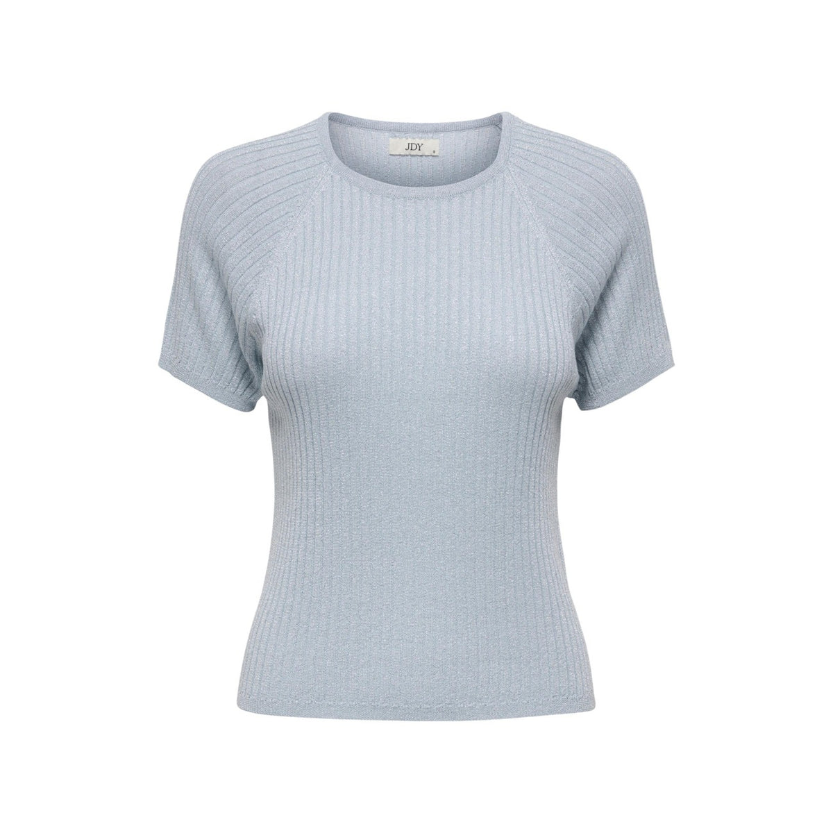 Maglia JDY Jdybodilla; 74% viscosa, 26% fibre sintetiche, effetto glitter. Lavorazione a costine, maniche corte, girocollo. Pullover leggero, morbido e luminoso, stile casual-chic. Colore azzurro. Vista frontale
