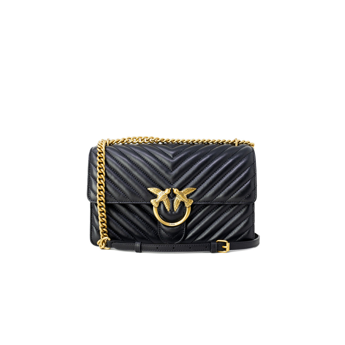 borsa nera grande da donna Pinko LOVE ONE CLASSIC DC SHEEP NAPPA CHEVRON. Realizzata interamente in poliestere di alta qualità, presenta una lavorazione matelassé a motivo chevron Vista frontale